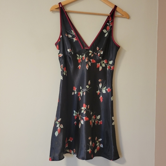 Vintage Other - Vintage Dark Floral Romantic Babydoll Satin Slip Mini Dress Nightgown Satin